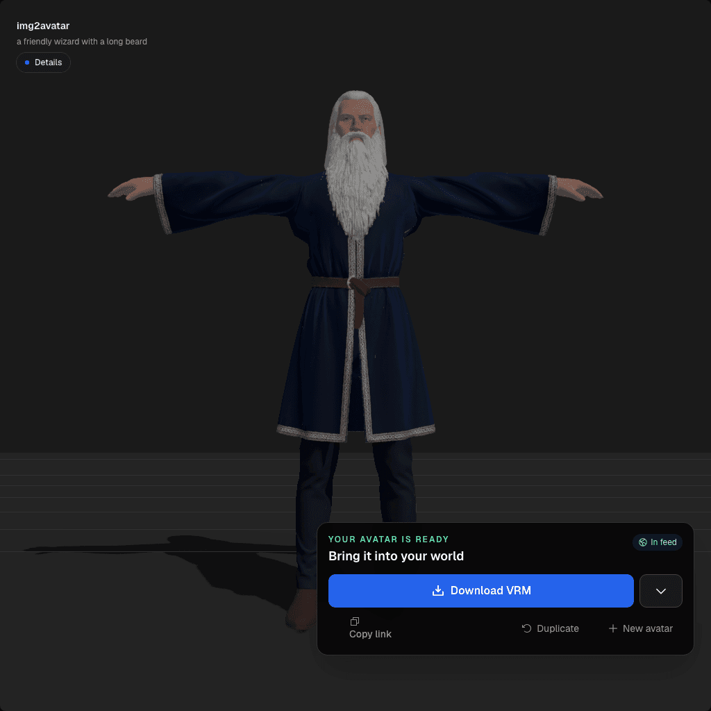 The real img2avatar viewer showing a rigged wizard and its VRM download action