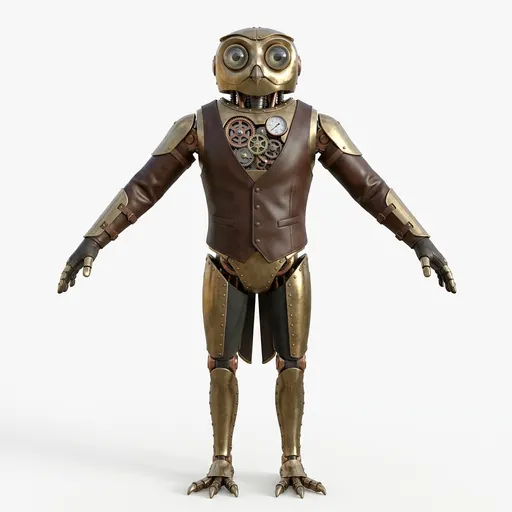 a steampunk robot owl, anthropomorphic, standing upright on two legs with arms at its sides
